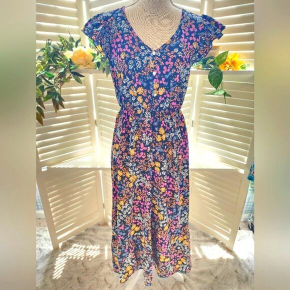 BOUTIQUE BLACK FLORAL CAP SLEEVE MULTI COLOR FLORAL DRESS  MULTIPLE SIZES - Picture 2 of 7